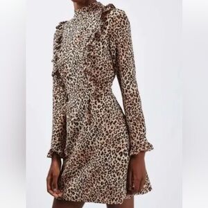 Topshop Leopard Print Ruffle Long Sleeve Dress